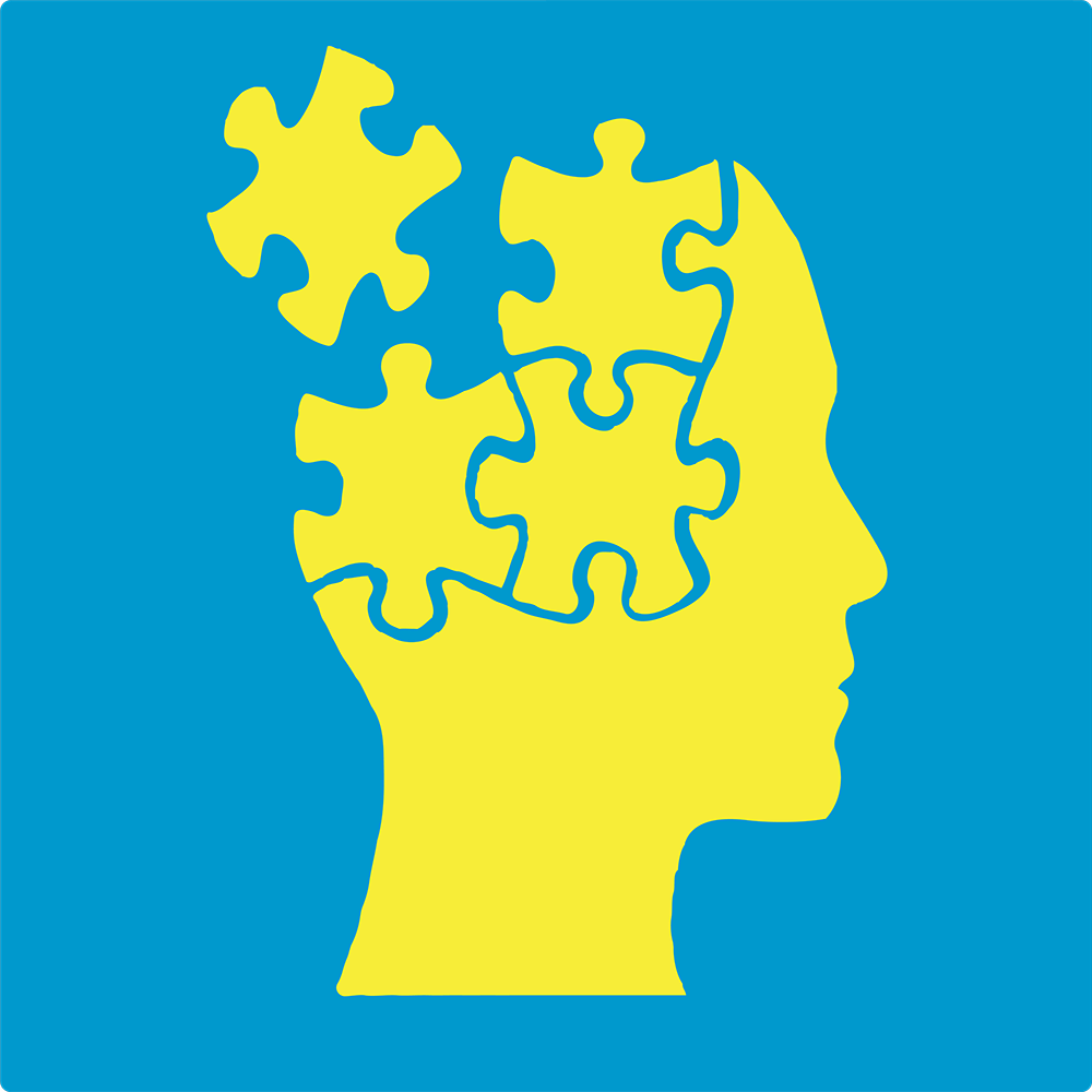 Symbol - M Center for Psychology logo featuring a yellow head silhouette with puzzle pieces on a blue background
